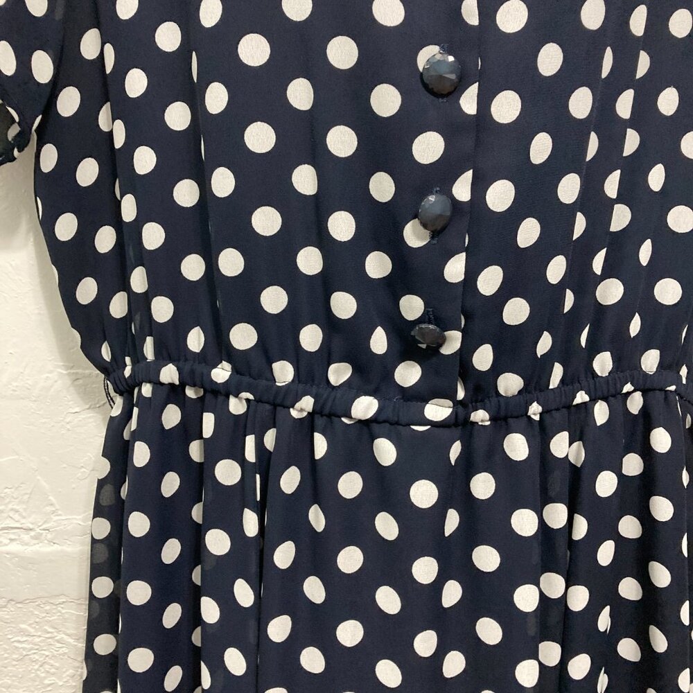 VINTAGE Brown Stone Studio Midi Dress Button Front Blue Polka Dot Cottage Sheer - Picture 10 of 13